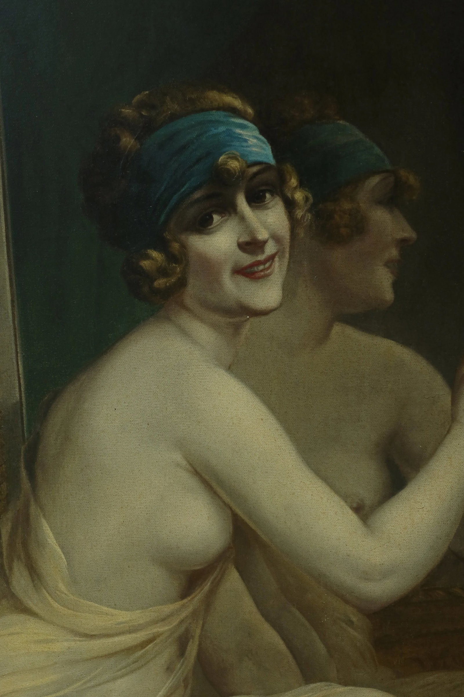 Framed French Oil Painting on Canvas Woman in Dressing Mirror - 2