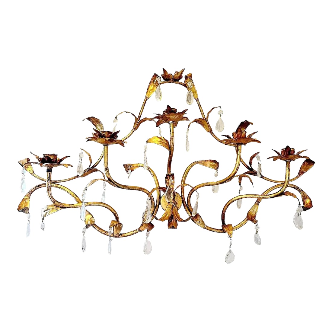 Large Vintage Rococo Italian Gilt Tole 5 Candle Sconce With Crystals: Large Vintage Rococo Italian Gilt Tole 5 Candle Sconce With Crystals This is a Rococo style Italian gilt metal tole wall sconce from Italy dripping with old chandelier crystals. This looks delicate bu