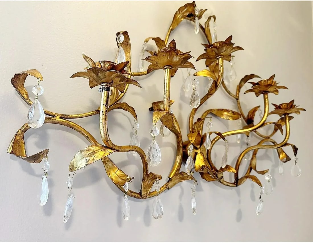 Large Vintage Rococo Italian Gilt Tole 5 Candle Sconce With Crystals - 2