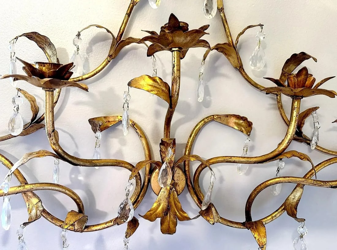 Large Vintage Rococo Italian Gilt Tole 5 Candle Sconce With Crystals - 3