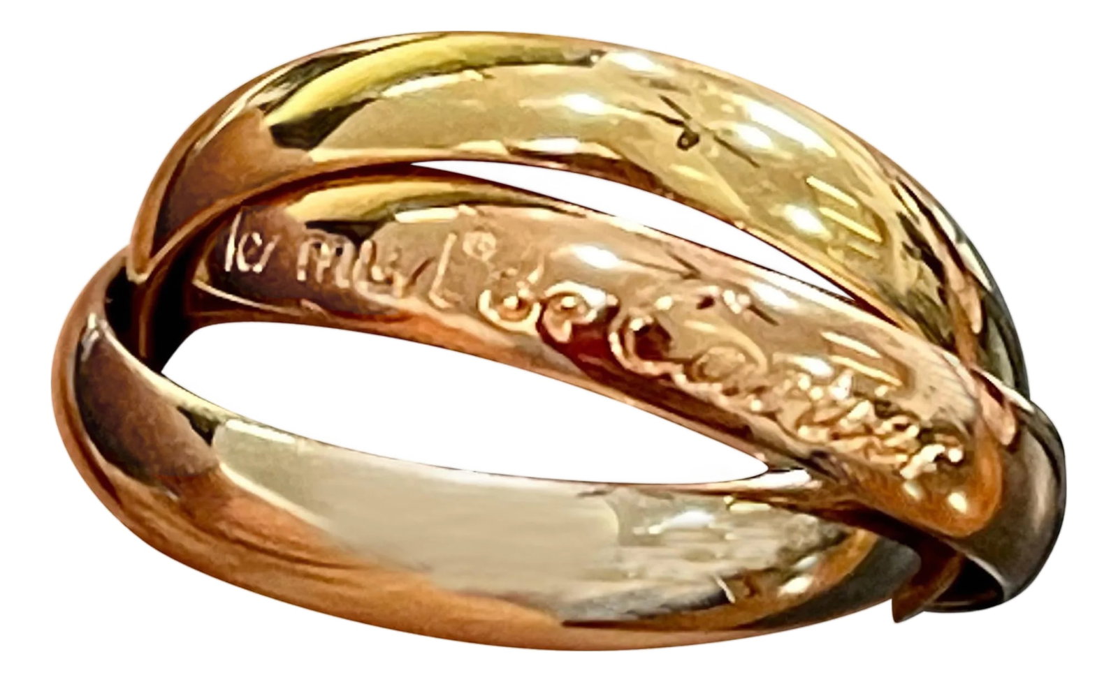 Cartier Trinity Tri-Color White, Yellow Rose, 18 Karat Gold Rolling Rings: This Cartier Trinity Ring is the classic three band rolling ring. Cartier Trinity de Cartier Tri-Color 18k Gold Ring Ring Size 4.5 , very small ring Marked 750, 49 Materials 18k Yellow Gold, White