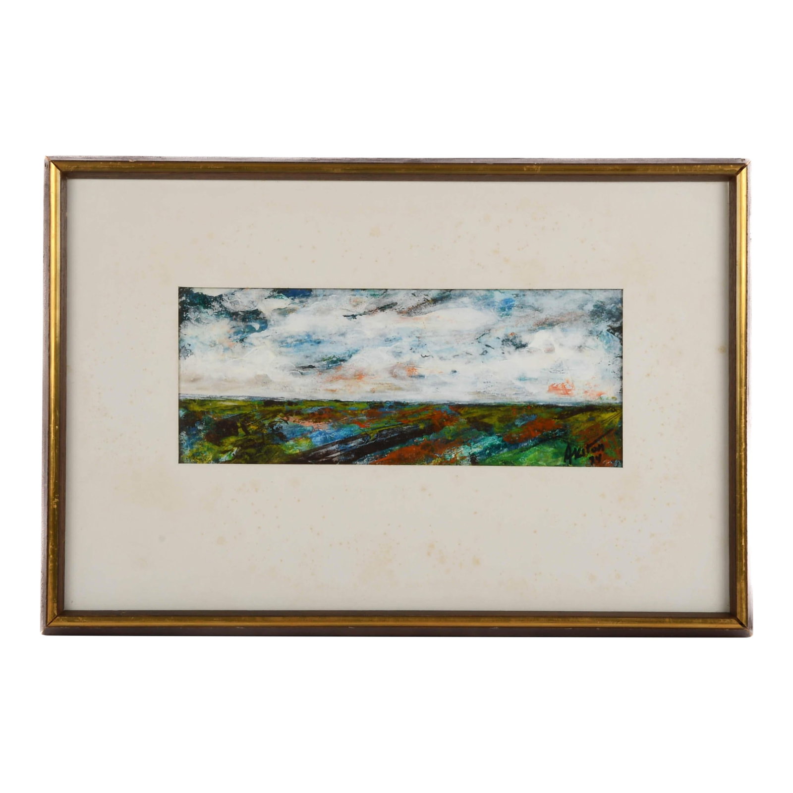 Framed Signed J. Akston "Exuberance of Spring, 1974" Artwork: This Framed Signed J. Akston "Exuberance of Spring, 1974" Artwork captures a vivid horizontal landscape rendered in layered, expressive strokes of red, green, blue, and white. The painting conveys