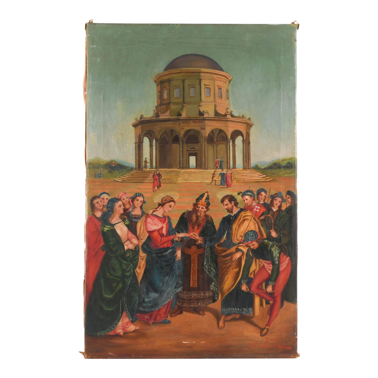 Signed Rendition of Le Mariage De La Vierge: This Signed Rendition of Le Mariage de La Vierge is a beautifully detailed painting that pays homage to Raphael's renowned Renaissance masterpiece, "The Marriage of the Virgin." This artwork captures