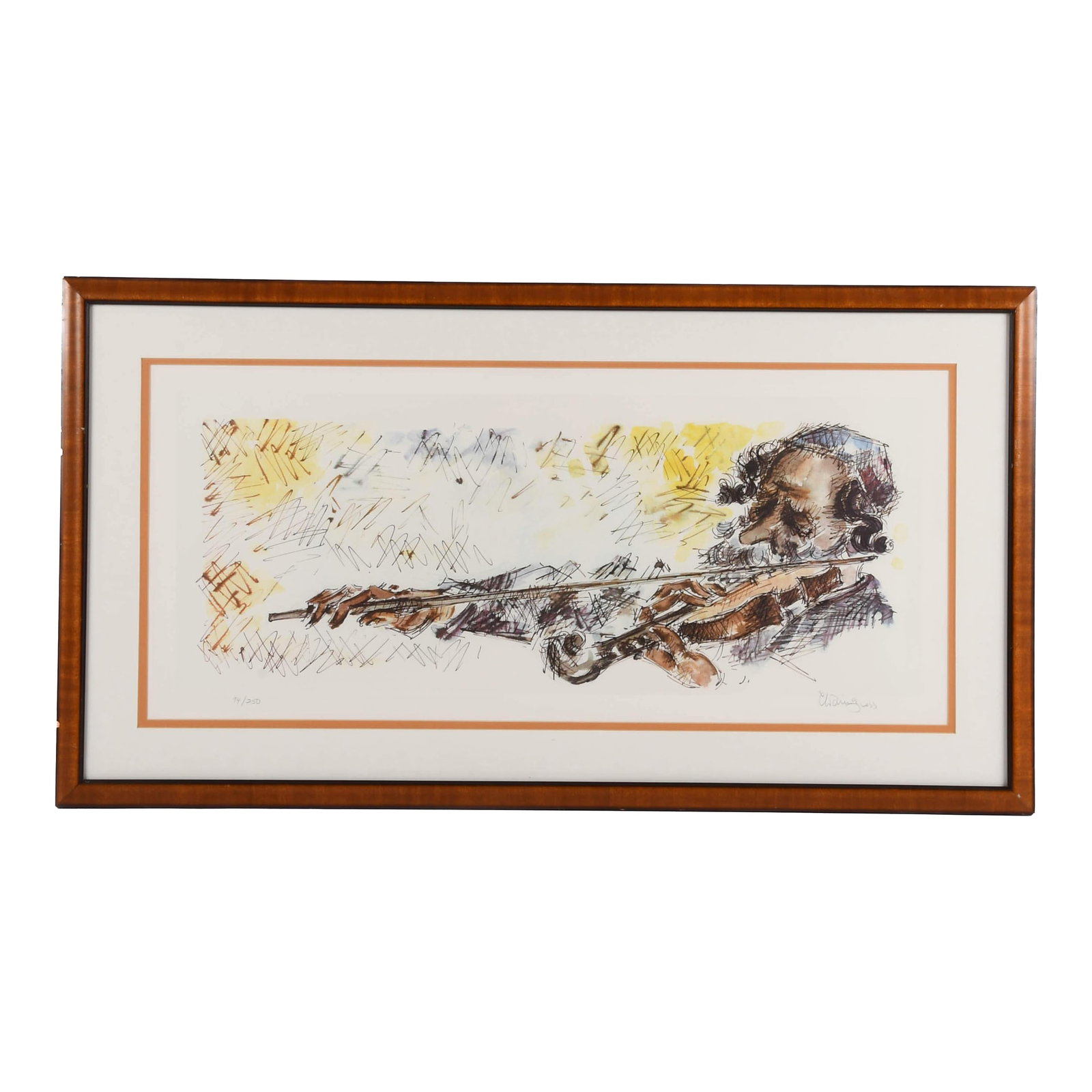 Framed Signed Chaim Gross Fiddler Lithograph: This expressive lithograph titled Fiddler by Chaim Gross (1904-1991) captures the soulful energy of music through the artist's dynamic linework and emotive composition. Signed and numbered numbered