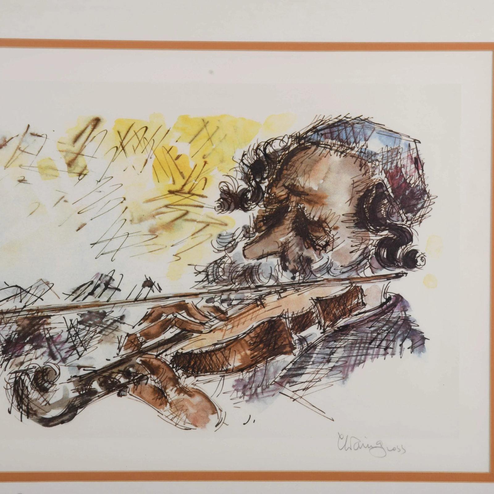 Framed Signed Chaim Gross Fiddler Lithograph - 2