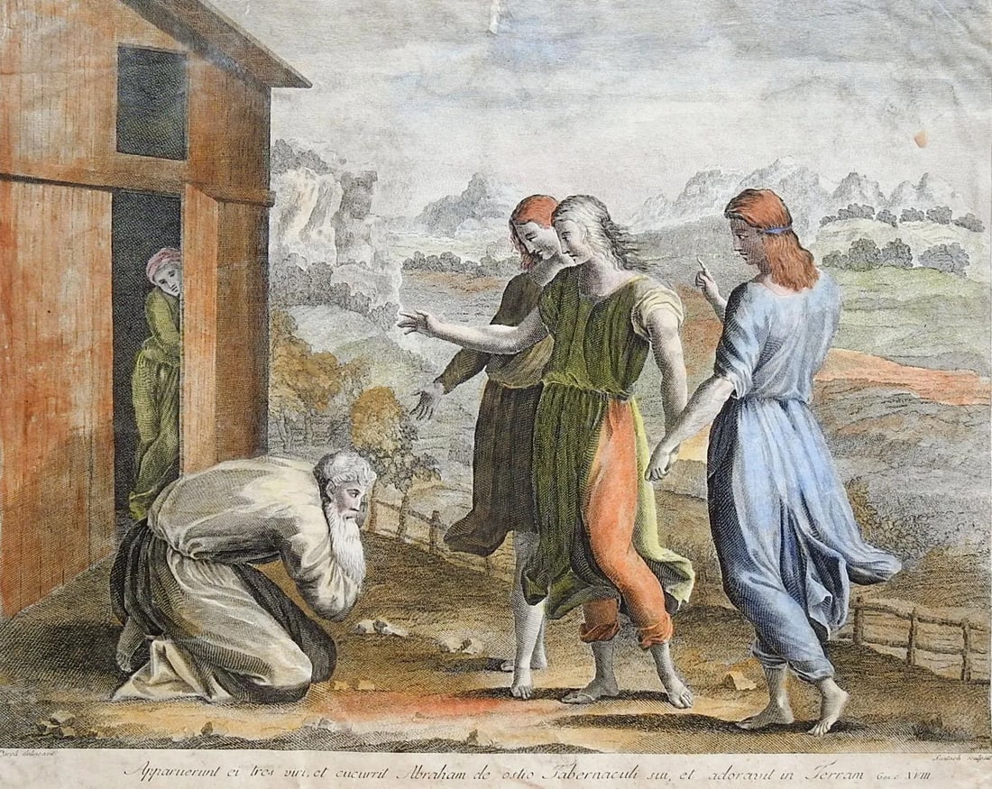 Antique Itaian Hand Colored Distressed Engraving of Abraham: Antique c. late 18th century hand colored engraving by Antonio Suntach (1744-1828) Italy. Abraham visited by Angels. Unframed, edge tears, repairs, discoloration in margins. Condition: Alterations: