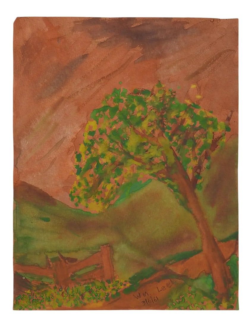 Vintage Rustic Landscape Gouache Paintng: Vintage gouache on terracotta paper landscape painting. Signed illegibly and dated 1961 lower right. Unframed, age toning edge and corner wear, repair. Condition: Alterations: Original Condition