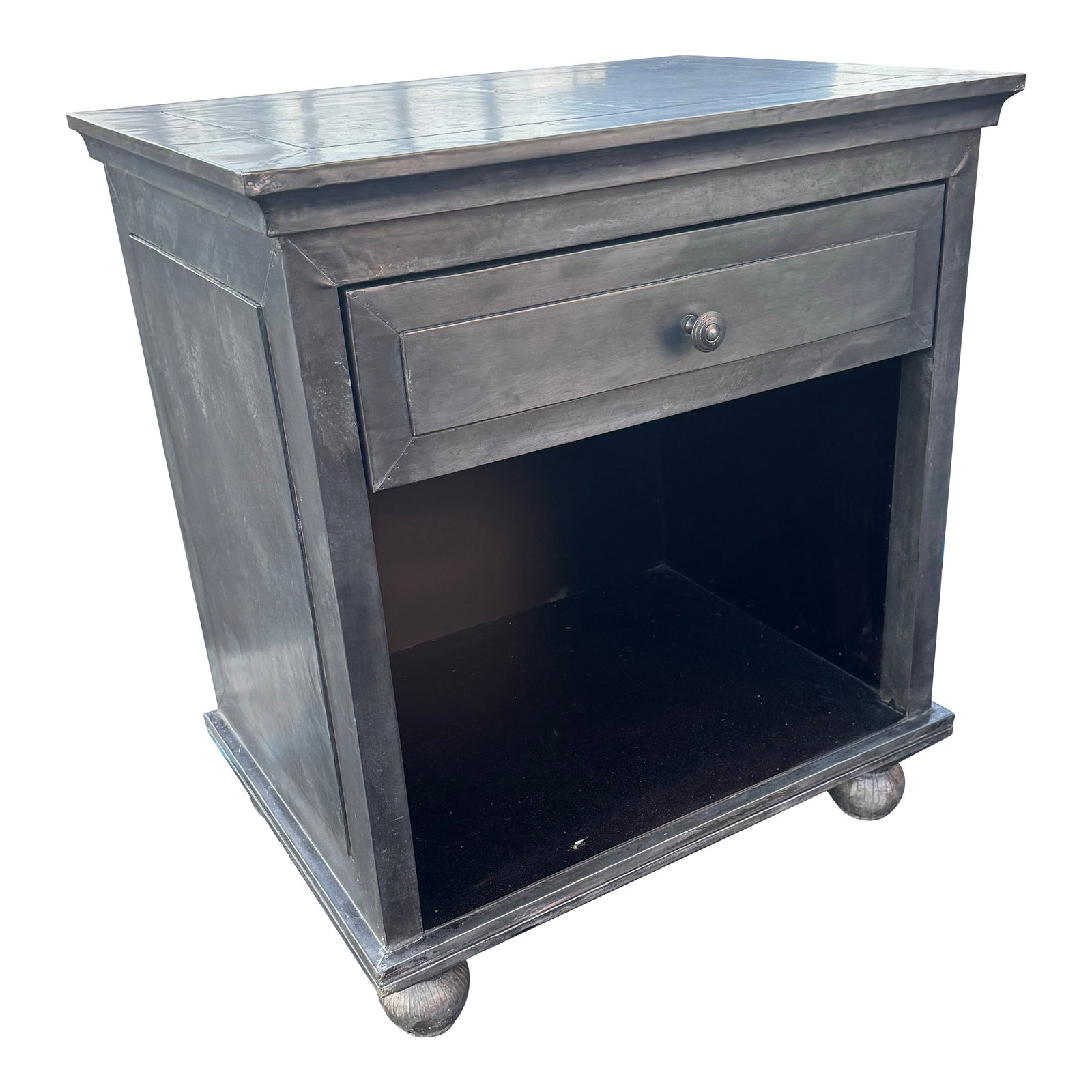 Vintage Zinc Covered Wood Bedside Table Restoration Hardware: Drawing inspiration from French industrial designs of the early 20th century, this collection celebrates the art of hand-wrapped sheet metal. Painstakingly constructed, each piece features sheet