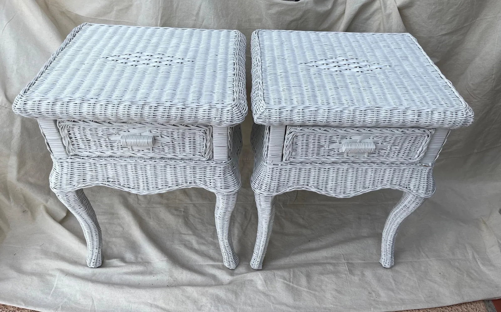 Vintage Henry Link Style White Woven Rattan/Wicker Glass Top Side Tables - a Pair - 2