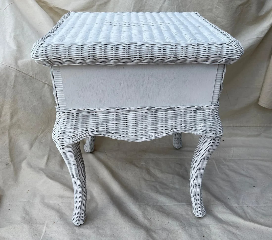 Vintage Henry Link Style White Woven Rattan/Wicker Glass Top Side Tables - a Pair - 3