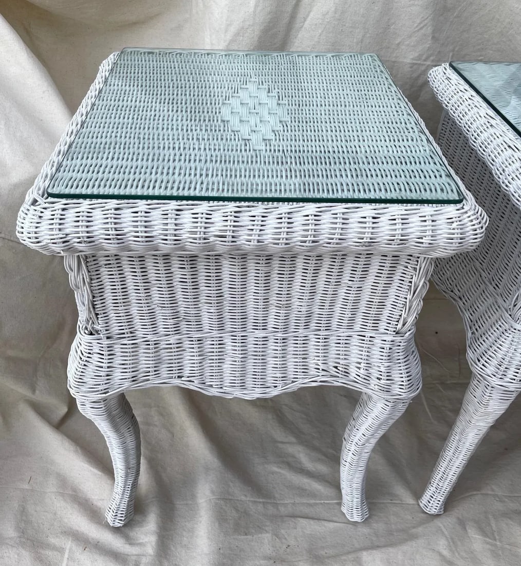 Vintage Henry Link Style White Woven Rattan/Wicker Glass Top Side Tables - a Pair - 4