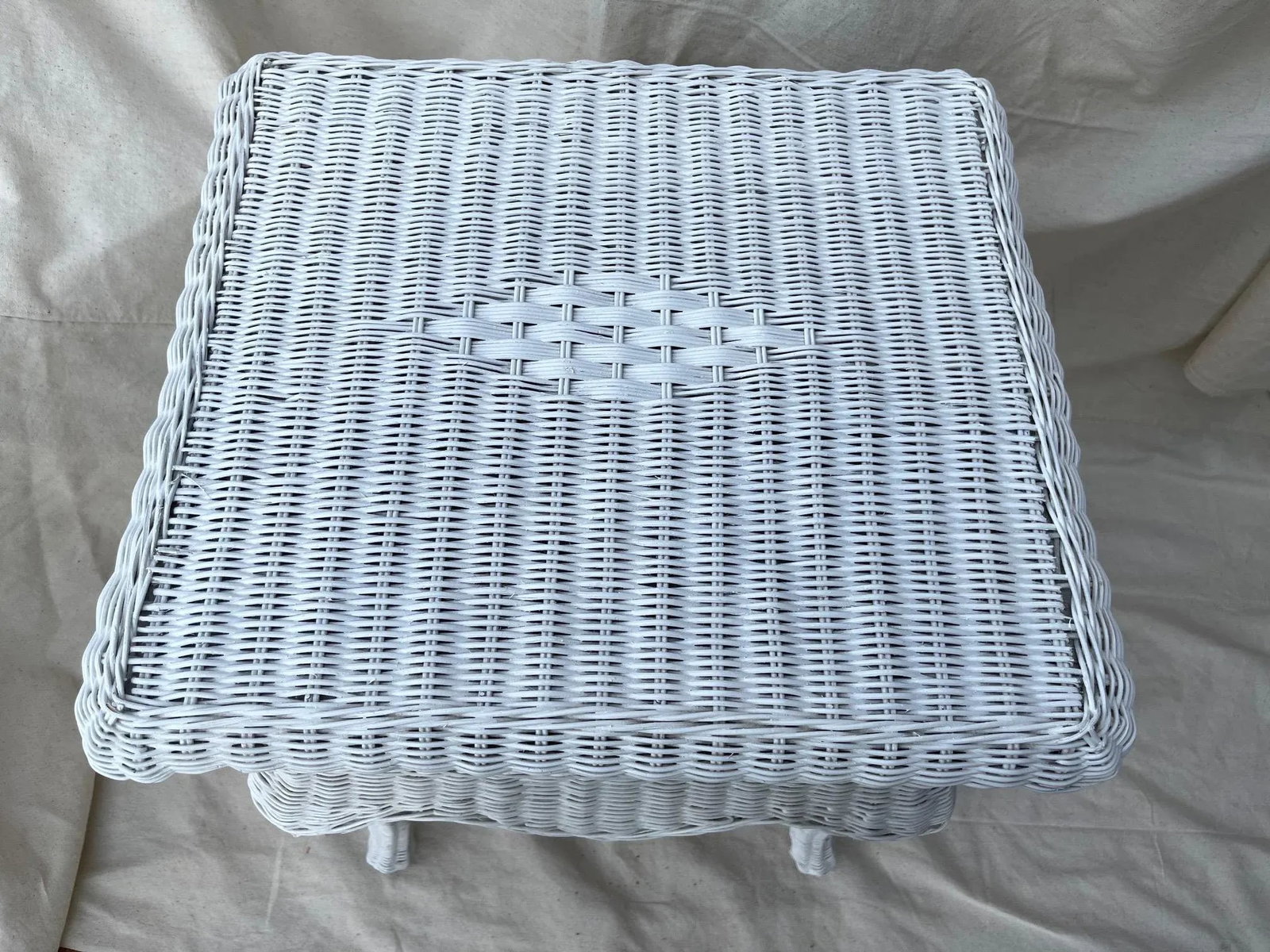 Vintage Henry Link Style White Woven Rattan/Wicker Glass Top Side Tables - a Pair - 5