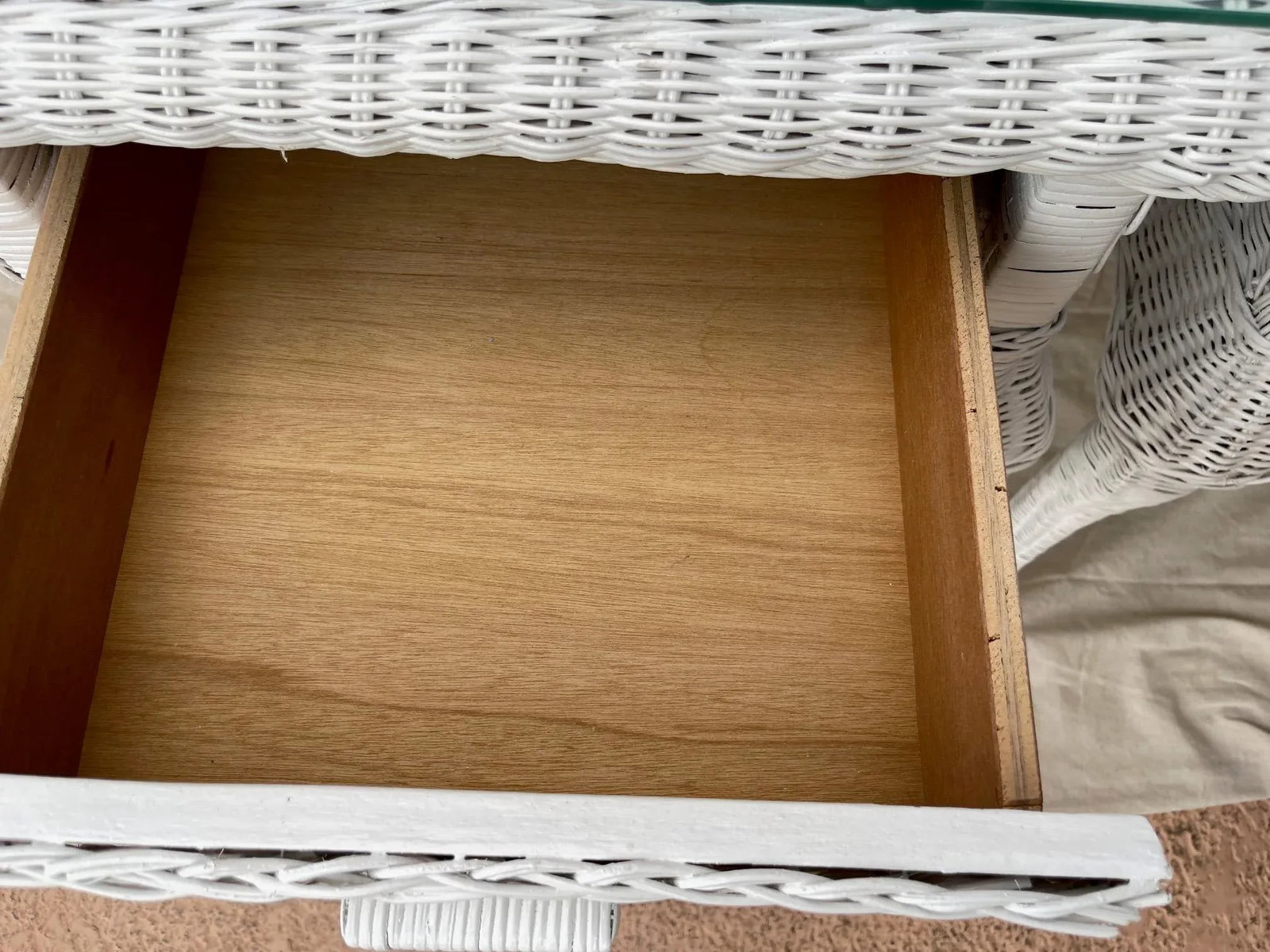Vintage Henry Link Style White Woven Rattan/Wicker Glass Top Side Tables - a Pair - 6