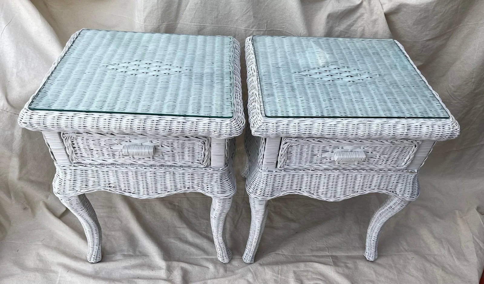 Vintage Henry Link Style White Woven Rattan/Wicker Glass Top Side Tables - a Pair - 8