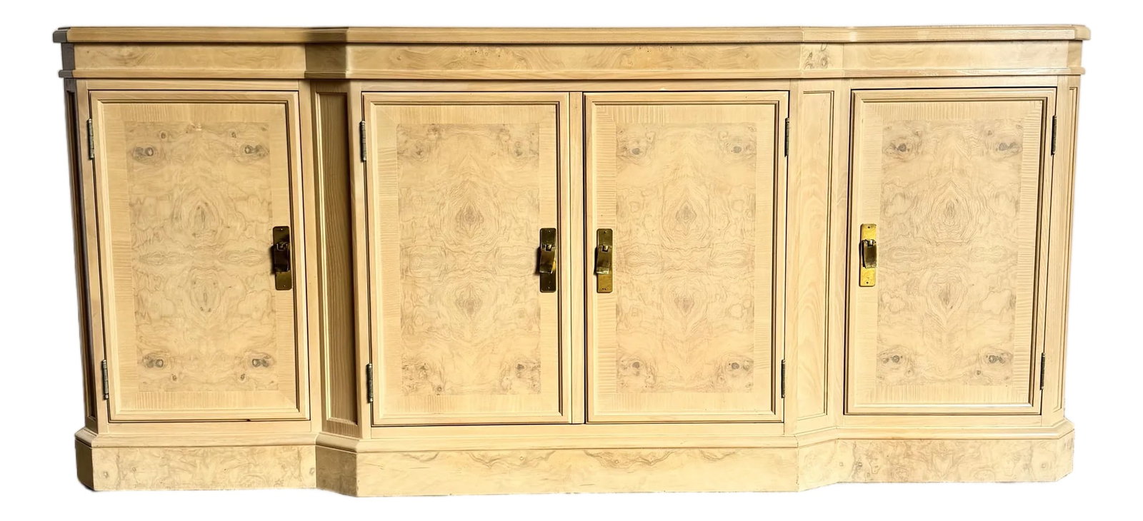 Vintage "Corinthian" Burlwood Credenza by Drexel Heritage: This exquisite Drexel Heritage Corinthian credenza showcases the timeless elegance of natural burlwood, celebrated for its swirling grain and refined warmth. Crafted with distinctive stepped edges and