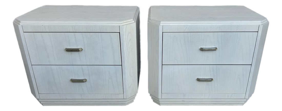 1990s America of Martinsville Pair of Nightstands: America of Martinsville quality made nightstands finished in off white original finish in excellent condition. Contemporary design works well in any design from the 1990's Condition: Alterations: