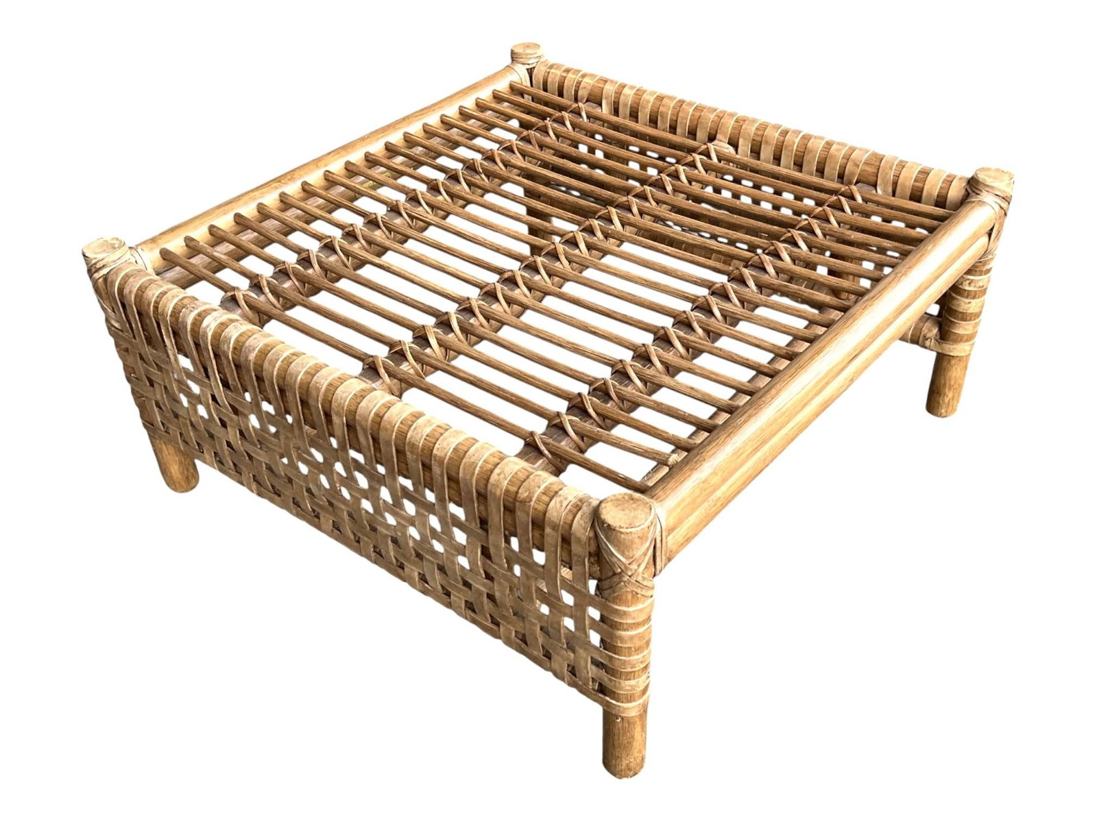 McGuire Coastal Organic Modern Rattan Ottoman With Black & Ivory Cushion - 11