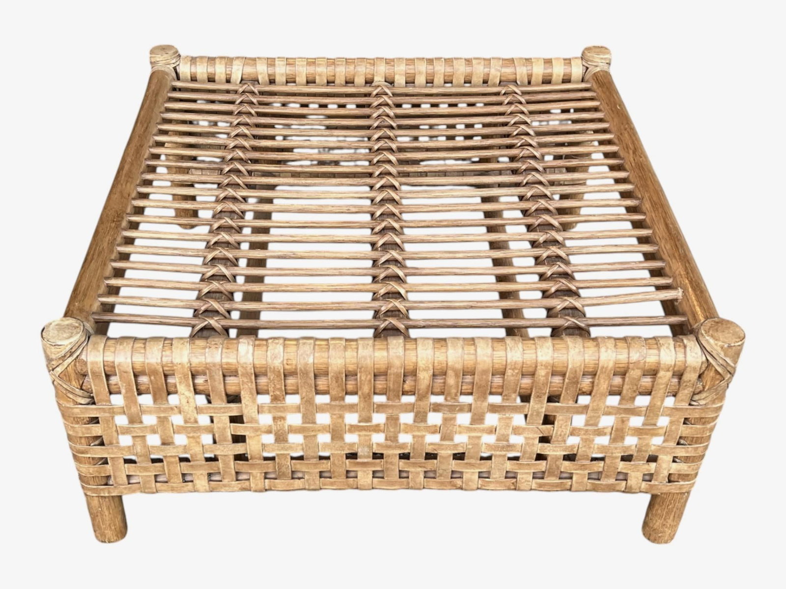McGuire Coastal Organic Modern Rattan Ottoman With Black & Ivory Cushion - 12
