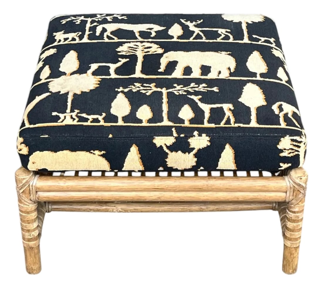 McGuire Coastal Organic Modern Rattan Ottoman With Black & Ivory Cushion: Bring effortless California elegance and timeless craftsmanship into your home with this exceptional vintage McGuire rattan ottoman. Beautifully handcrafted, this piece embodies the relaxed
