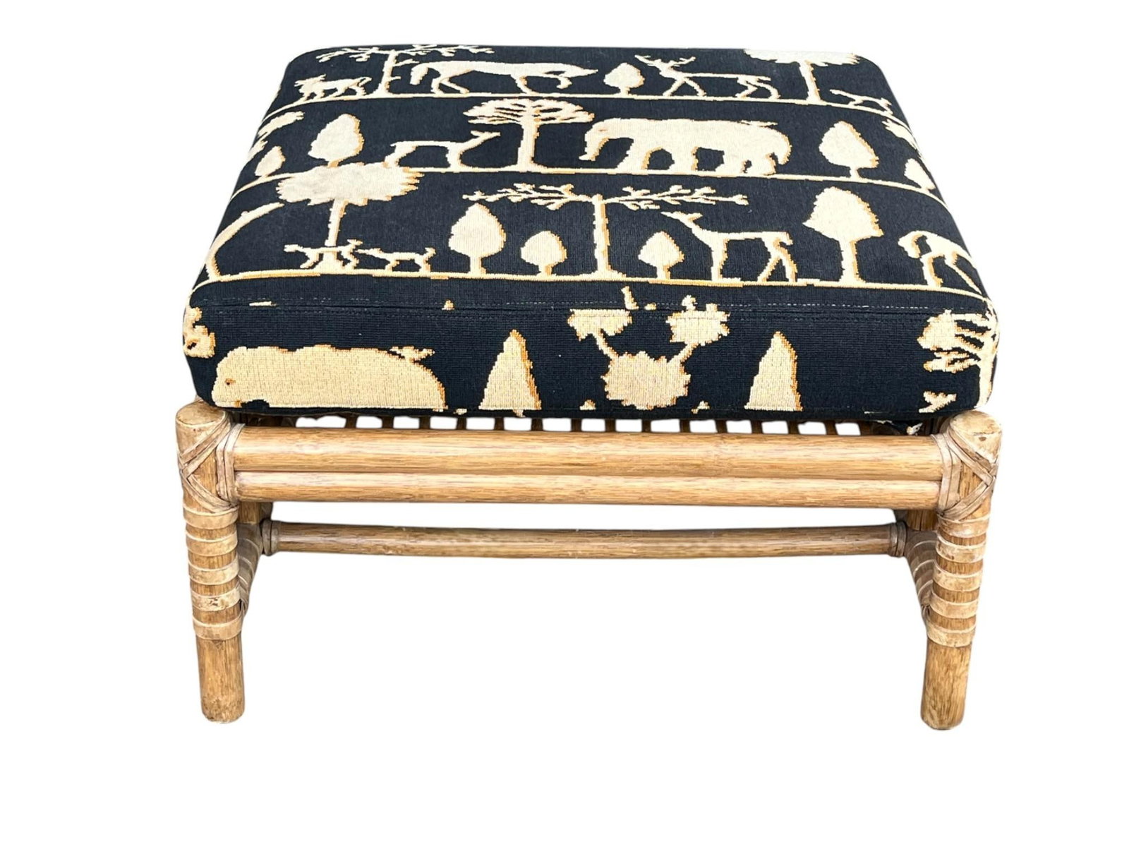 McGuire Coastal Organic Modern Rattan Ottoman With Black & Ivory Cushion - 2