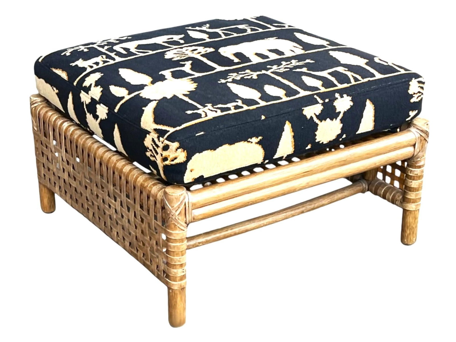 McGuire Coastal Organic Modern Rattan Ottoman With Black & Ivory Cushion - 3