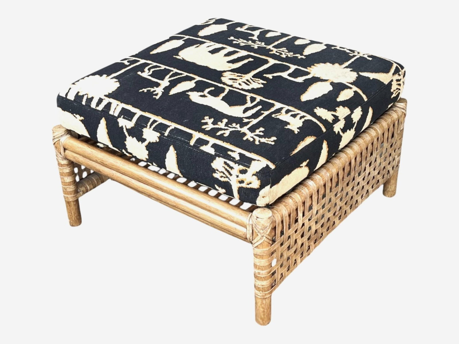McGuire Coastal Organic Modern Rattan Ottoman With Black & Ivory Cushion - 4