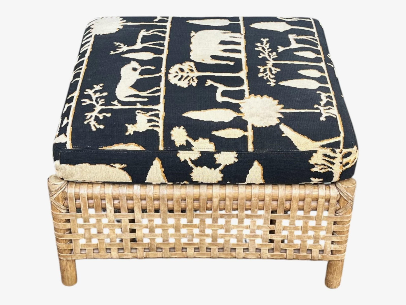 McGuire Coastal Organic Modern Rattan Ottoman With Black & Ivory Cushion - 5
