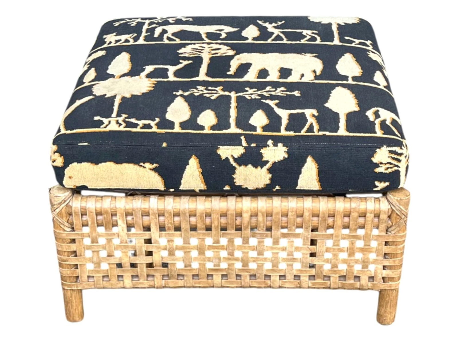 McGuire Coastal Organic Modern Rattan Ottoman With Black & Ivory Cushion - 6