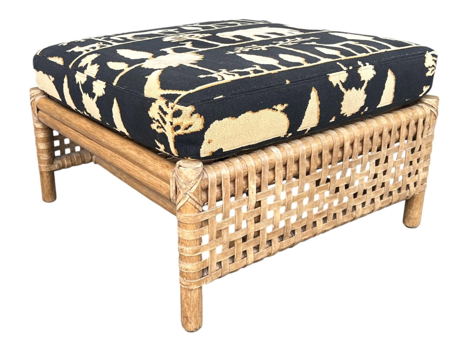 McGuire Coastal Organic Modern Rattan Ottoman With Black & Ivory Cushion - 7
