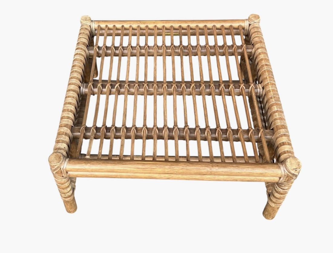 McGuire Coastal Organic Modern Rattan Ottoman With Black & Ivory Cushion - 9