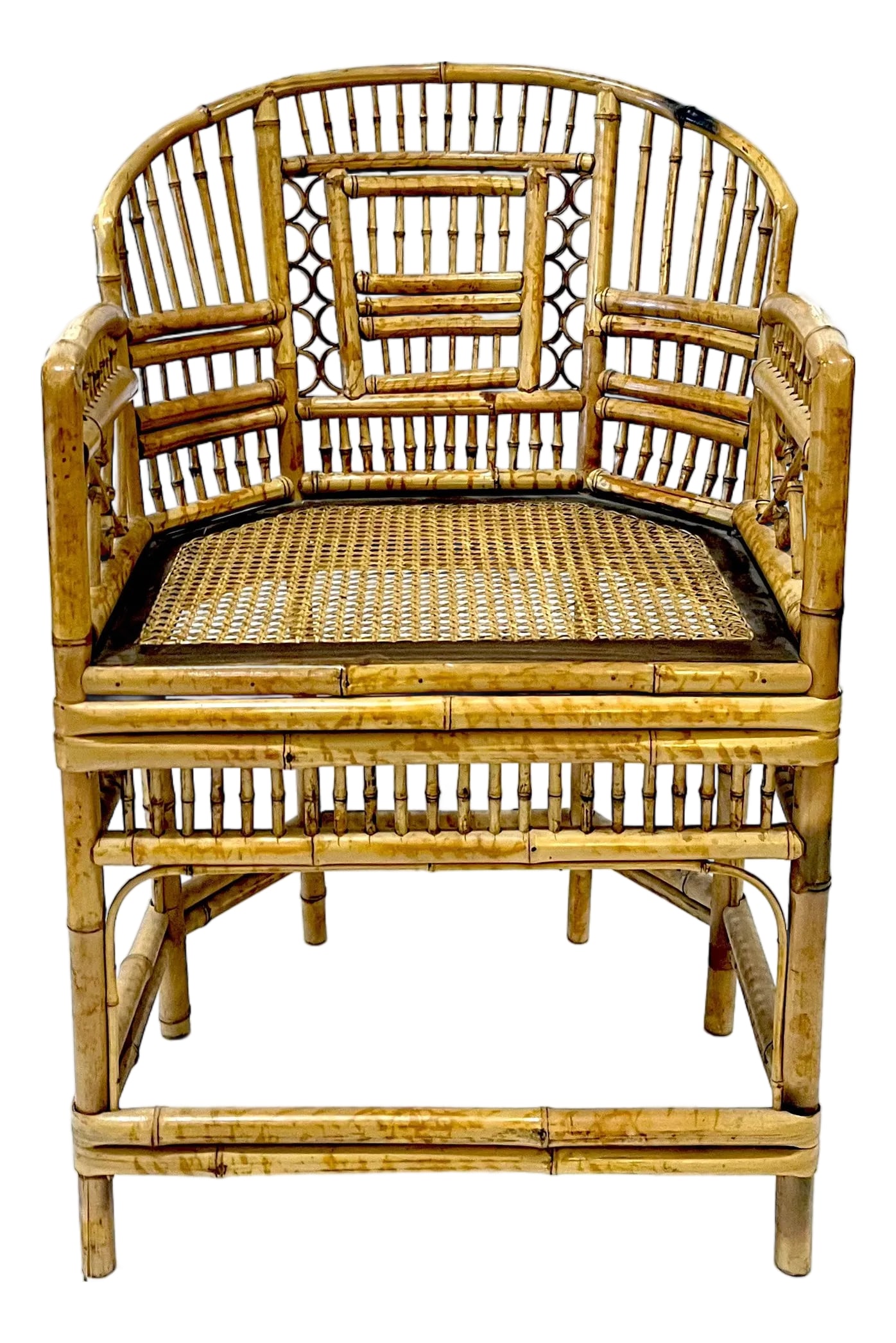 1970's Brighton Pavillion Chinoiserie Tiger Bamboo Rattan Cane Armchair by Thomasville: King George IV created his chinoiserie fantasy of a seaside palace at Brighton in the early nineteenth century. The result was an orientalist pastiche designed by architect John Nash and interior deco