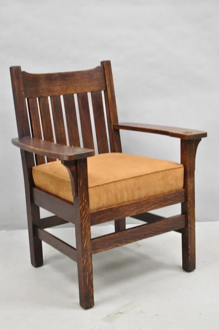 Antique Stickley & Brandt Mission Oak Arts & Crafts Arm Chair With Drop Seat - 2