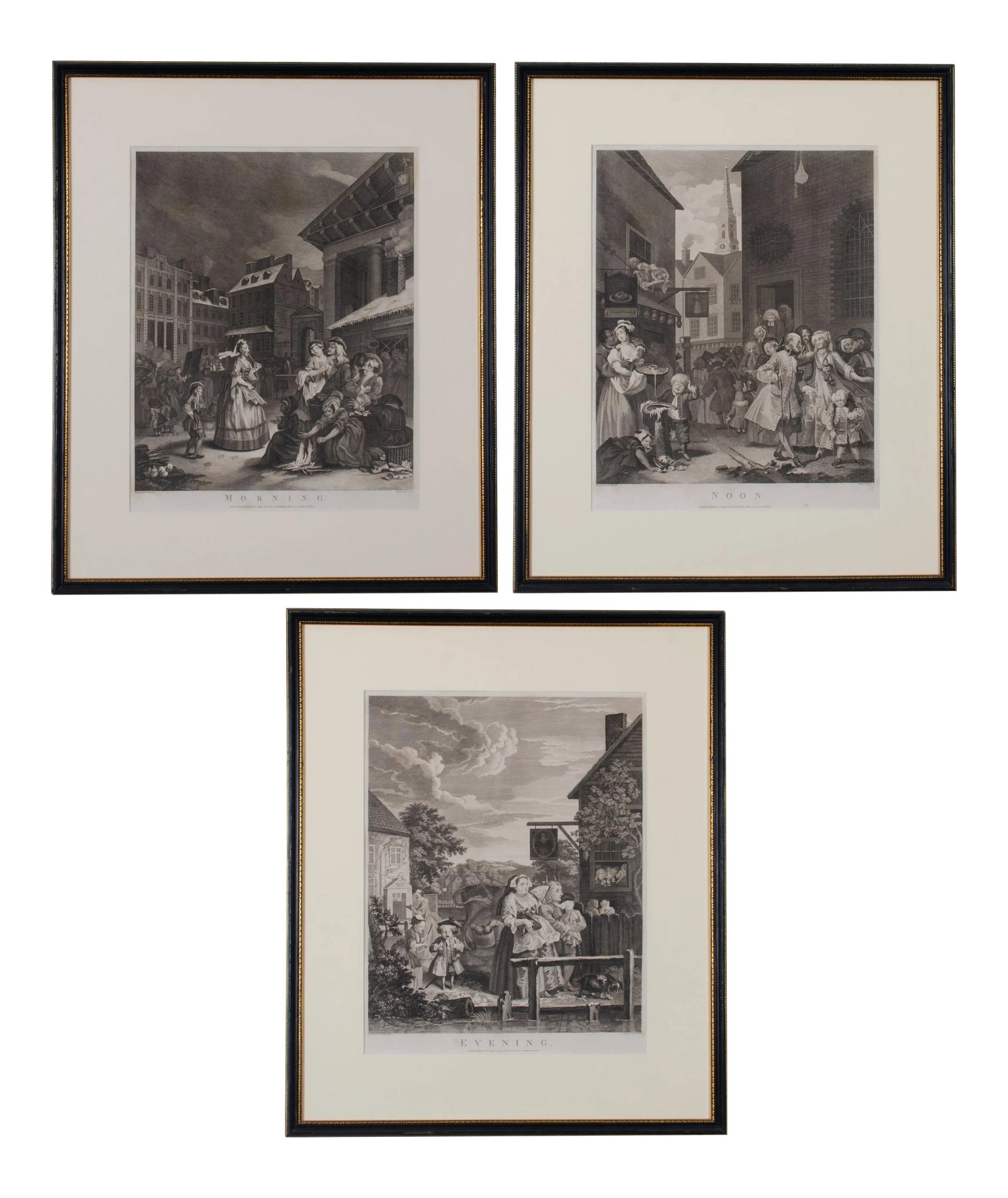 Hogarth Times of Day - Set of 3: William Hogarth (10 November 1697 - 26 October 1764) - An English painter whose work range from realistic portraiture to satirical caricatures, for which he his most known. During his lifetime, he