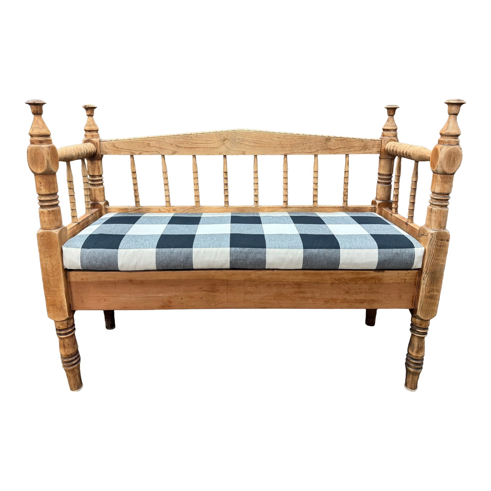 Early 20th Century Antique Pine Bench With Pillow: This charming antique pine bench brings a wonderful piece of history and character to any home. Believed to have originally been an early 20th-century bed, it has been expertly converted into a