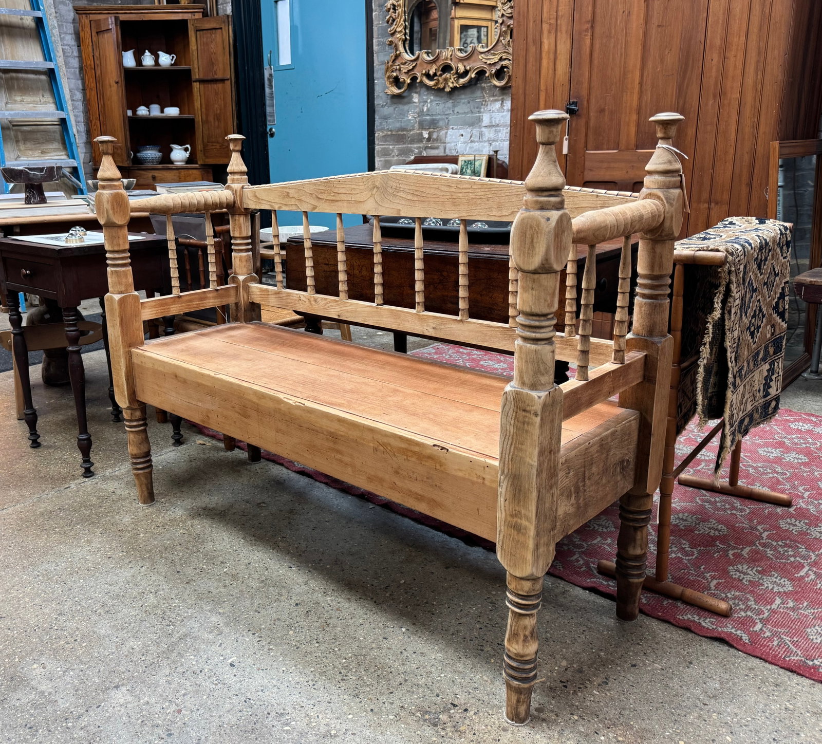 Early 20th Century Antique Pine Bench With Pillow - 5