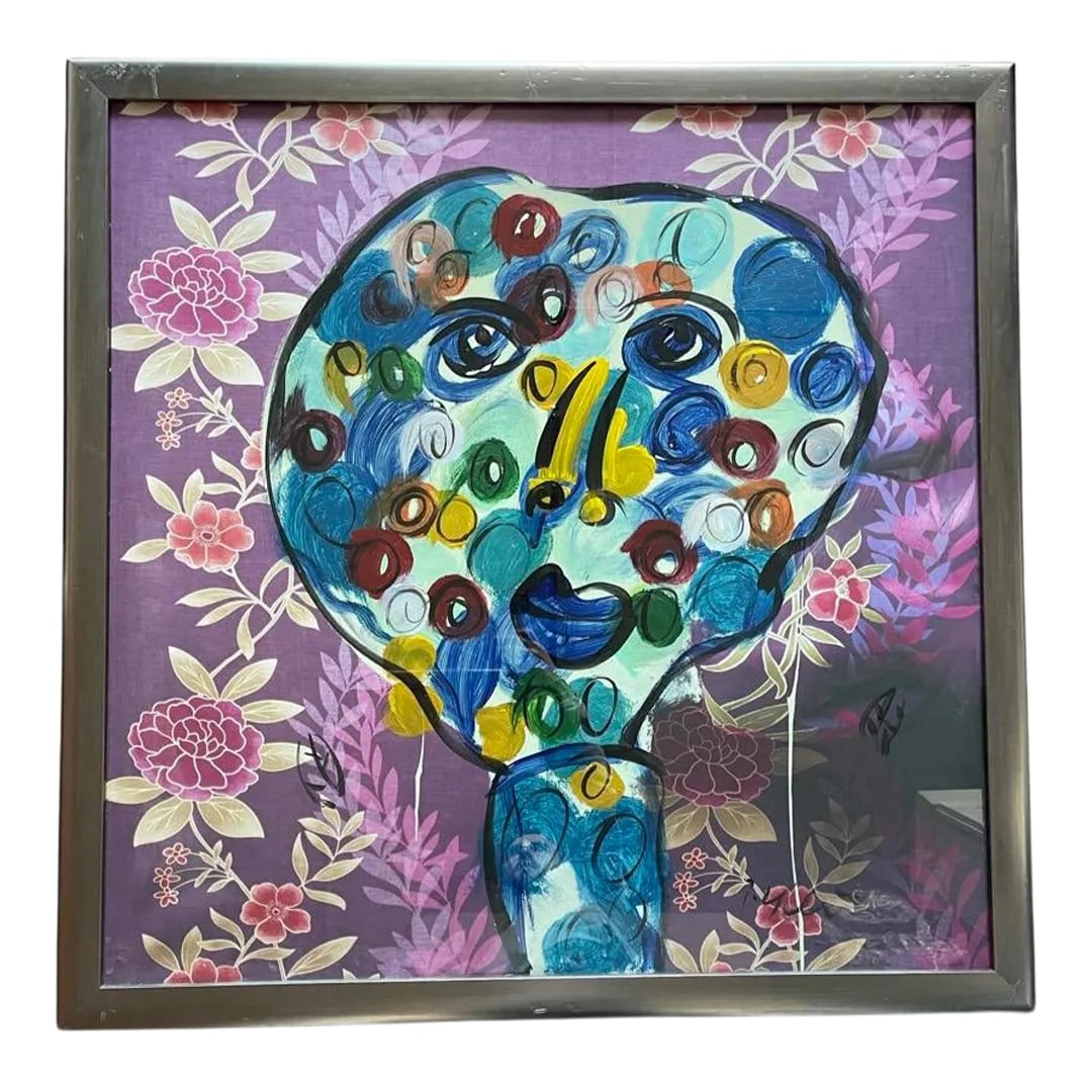 Large Late 20th Century Abstract Face Portrait Acrylic Painting by Peter Keil, Framed: Peter Keil is a German artist that focuses primarily on abstract expressionism. Keil painted with some of the greats including Joan Miro, Pablo Picasso and Andy Warhol, to name a few. This is a very l