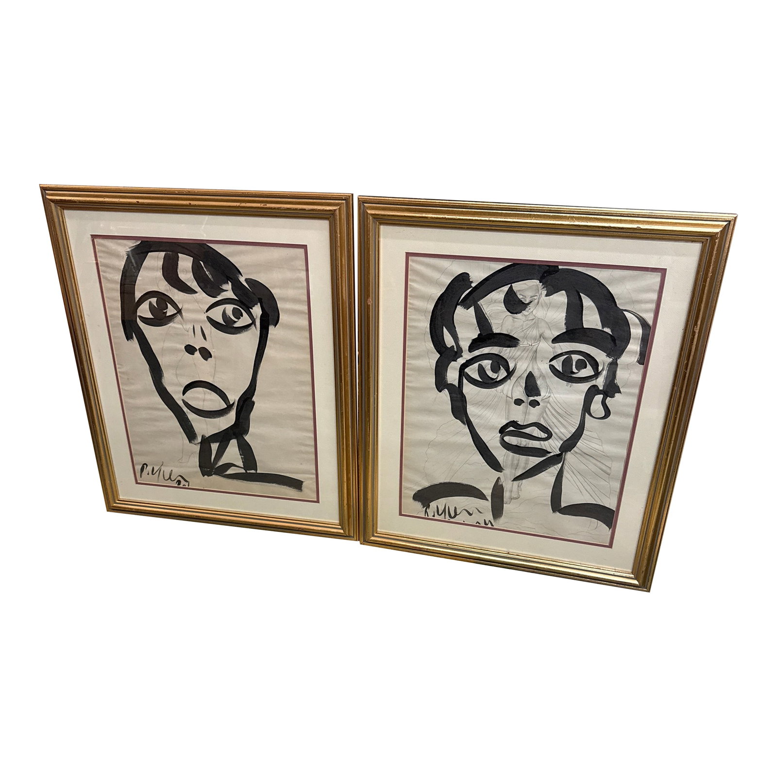 1960s Early Peter Keil Abstract Portrait Paintings, a Pair: Fantastic pair of early Peter Keil Portrait Paintings. Each depict a portrait in black oil over a pencil drawing of women. Each framed in gold wood frames ready to hang. COA on back guaranteed authent