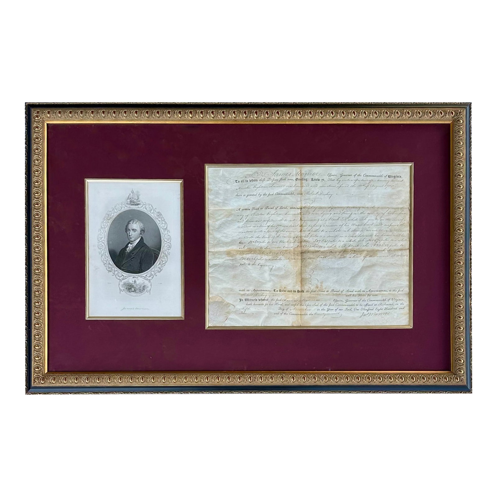 James Monroe Signed Virginia Governor Land Grant Autograph Document, c.1800 - Rockingham County (Fra (1 of 6)