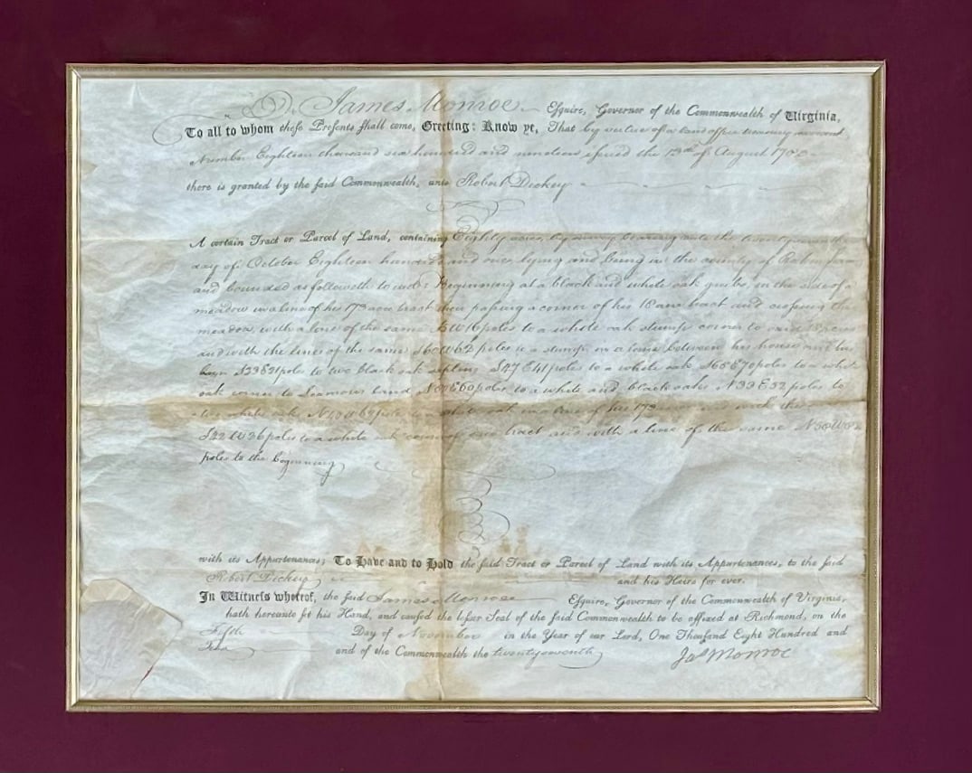 James Monroe Signed Virginia Governor Land Grant Autograph Document, c.1800 - Rockingham County (Fra - 2