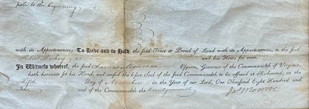 James Monroe Signed Virginia Governor Land Grant Autograph Document, c.1800 - Rockingham County (Fra - 4