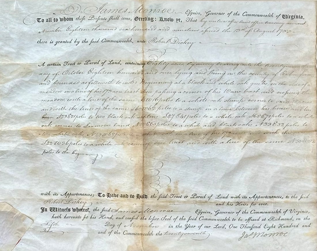 James Monroe Signed Virginia Governor Land Grant Autograph Document, c.1800 - Rockingham County (Fra - 5