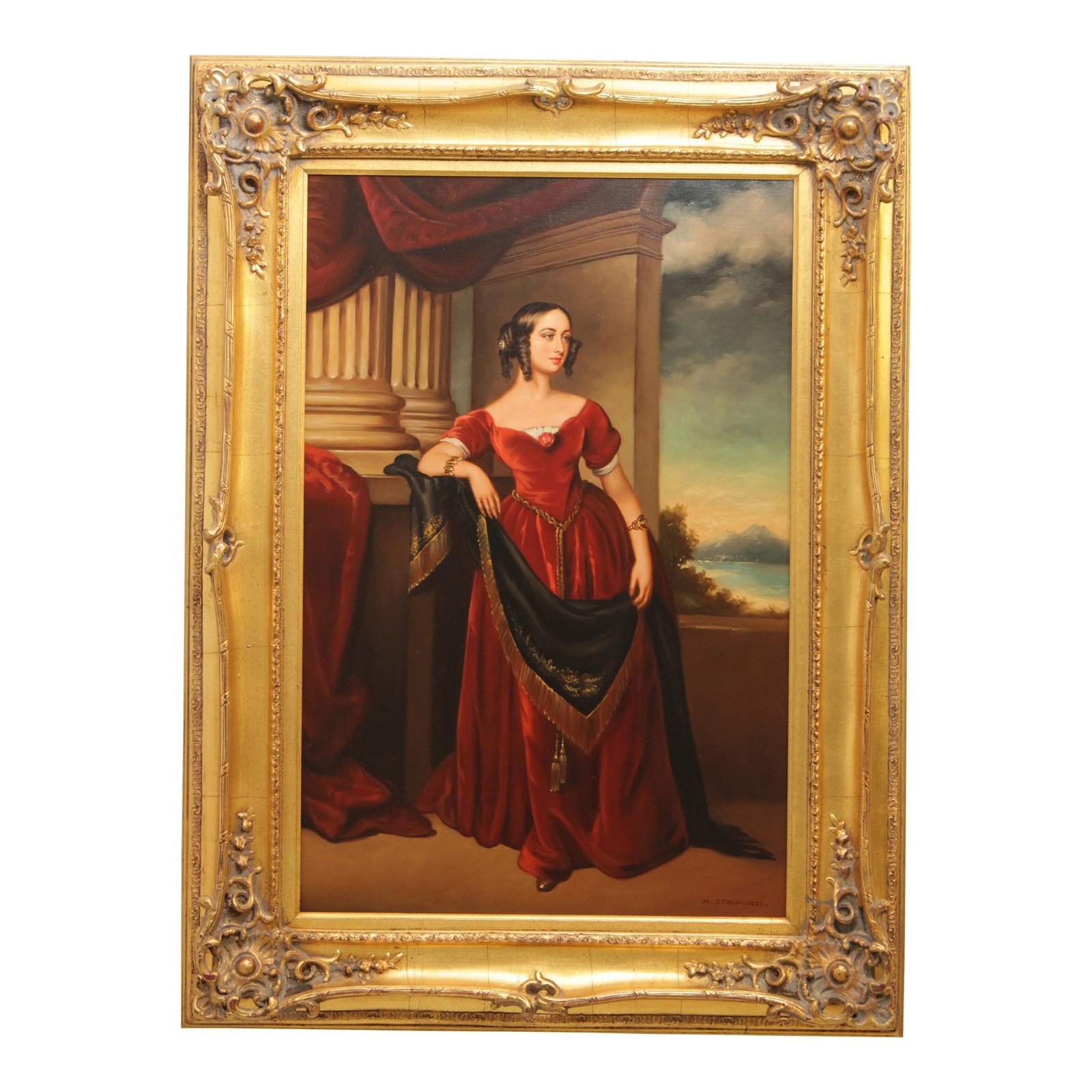Artist Signed Portrait of Lady in Red Dress Painting on Canvas: Age: Approx: 30 Years Old Details: Bright & Vibrant Colors Nice Gold Finish Frame Signed R. Stanford View Of The Bay Of Naples In The Manner Of Sir George Hayter Quality Reproduction Of Original Art C