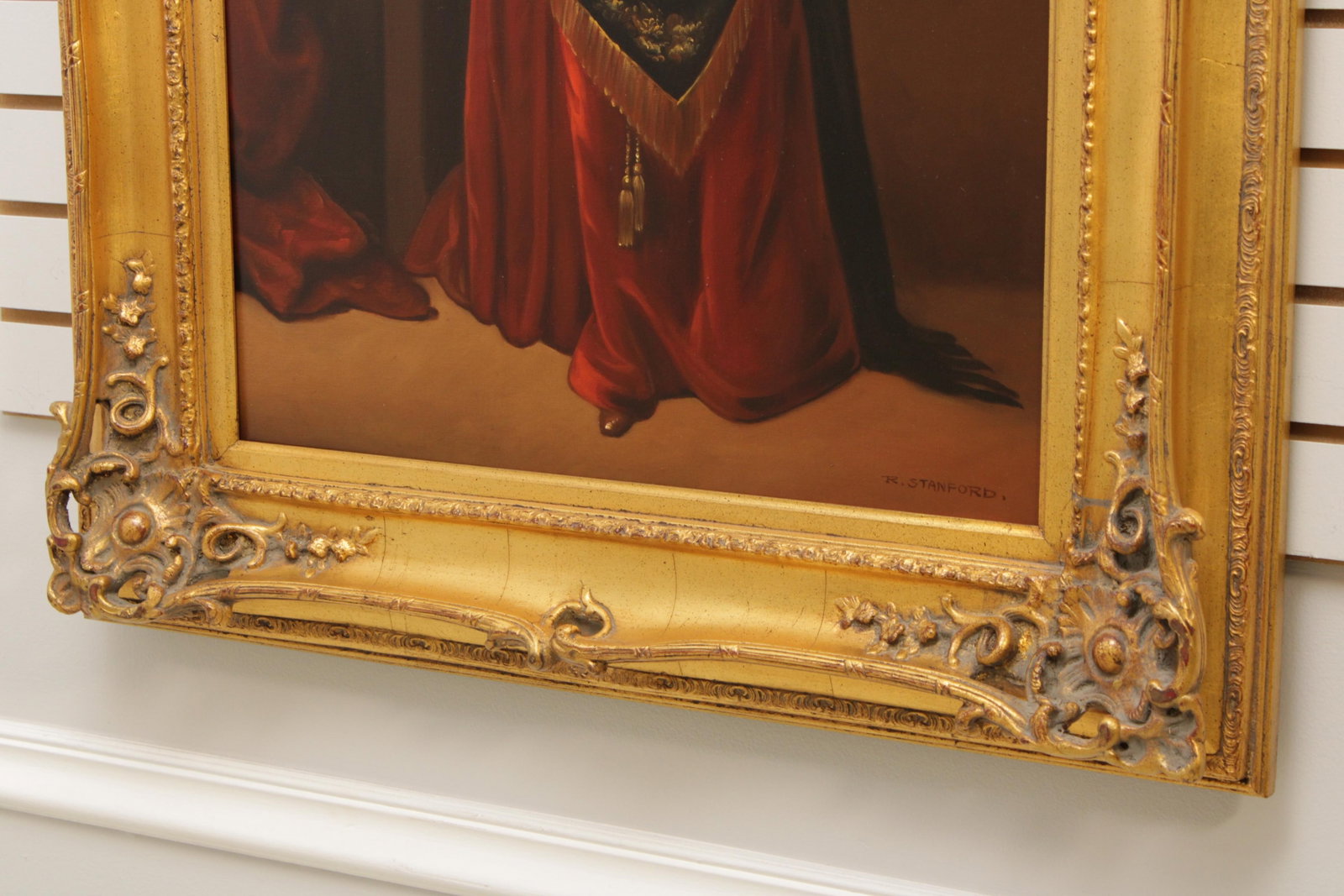 Artist Signed Portrait of Lady in Red Dress Painting on Canvas - 6