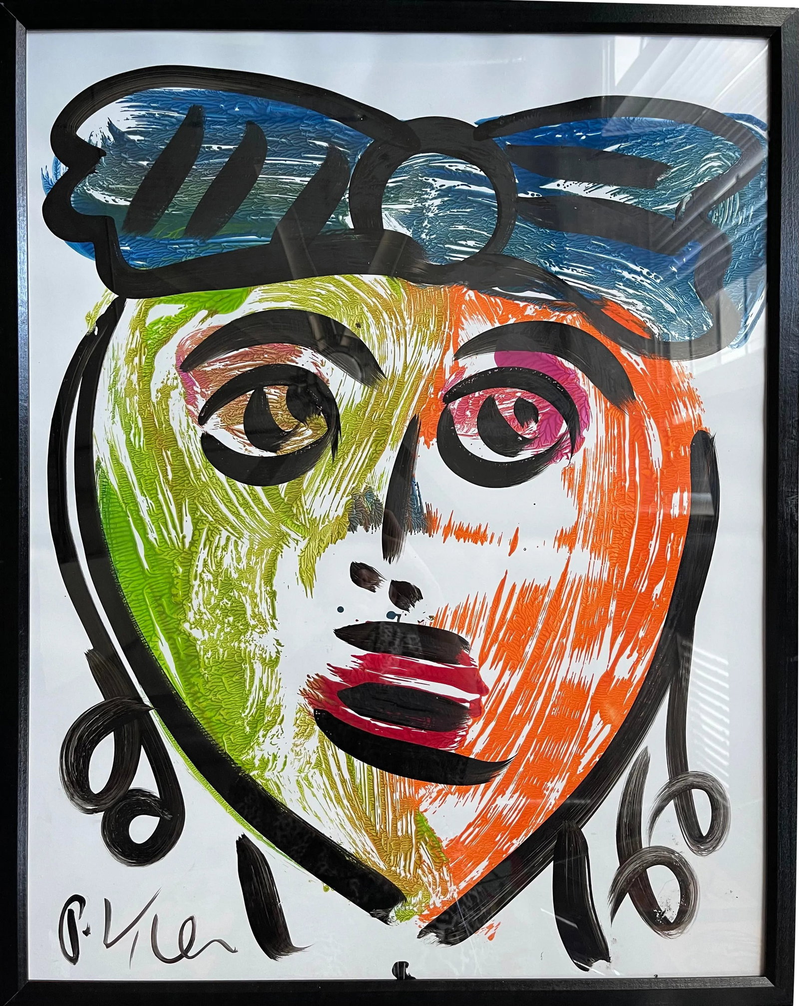 Contemporary Abstract Face Portrait Painting by Peter Keil, Framed: Peter Keil is a German artist that focuses primarily on abstract expressionism. Keil painted with some of the greats including Joan Miro, Pablo Picasso and Andy Warhol, to name a few. This is a stunni