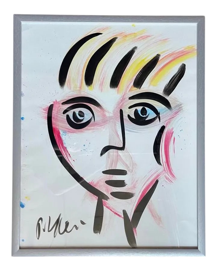 Contemporary Abstract Face Portrait Acrylic Painting by Peter Keil, Framed: Peter Keil is a German artist that focuses primarily on abstract expressionism. Keil painted with some of the greats including Joan Miro, Pablo Picasso and Andy Warhol, to name a few. This is a