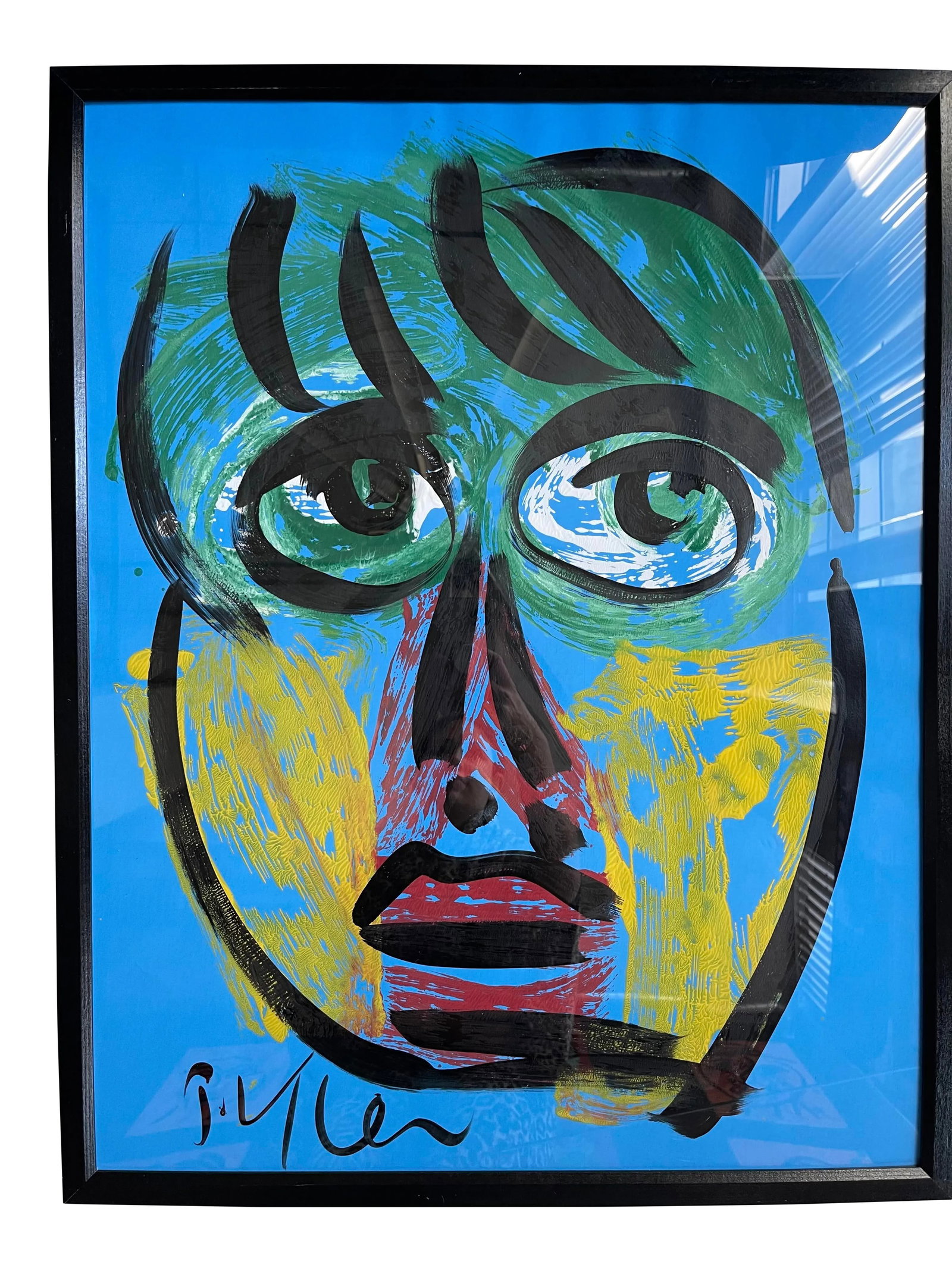 Contemporary Abstract Face Portrait Painting by Peter Keil, Framed: Peter Keil is a German artist that focuses primarily on abstract expressionism. Keil painted with some of the greats including Joan Miro, Pablo Picasso and Andy Warhol, to name a few. This piece is be