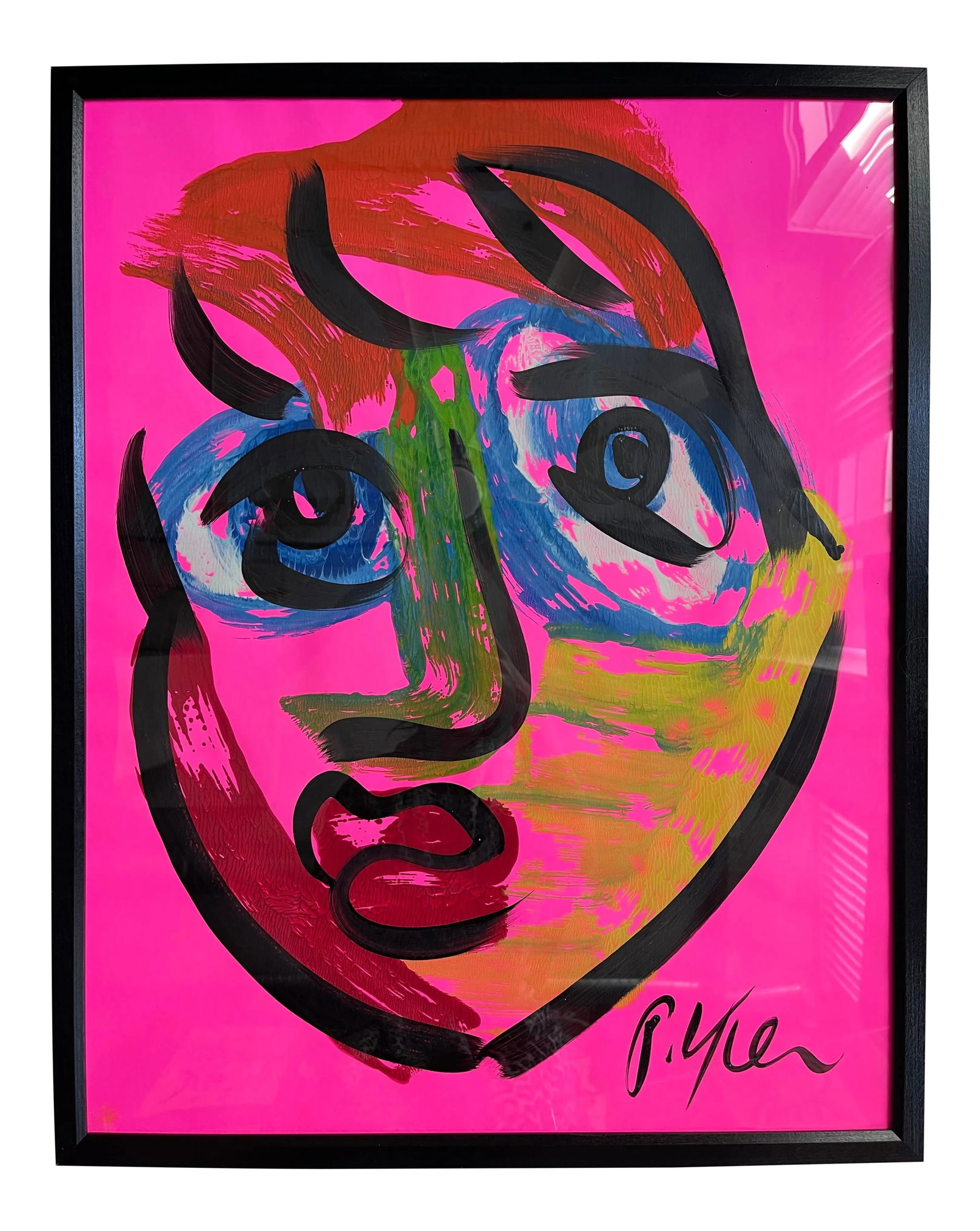 Contemporary Abstract Face Portrait Painting by Peter Keil, Framed: Peter Keil is a German artist who focuses primarily on abstract expressionism. Keil painted with some of the greats, including Joan Miro, Pablo Picasso, and Andy Warhol, to name a few. This is a uniqu