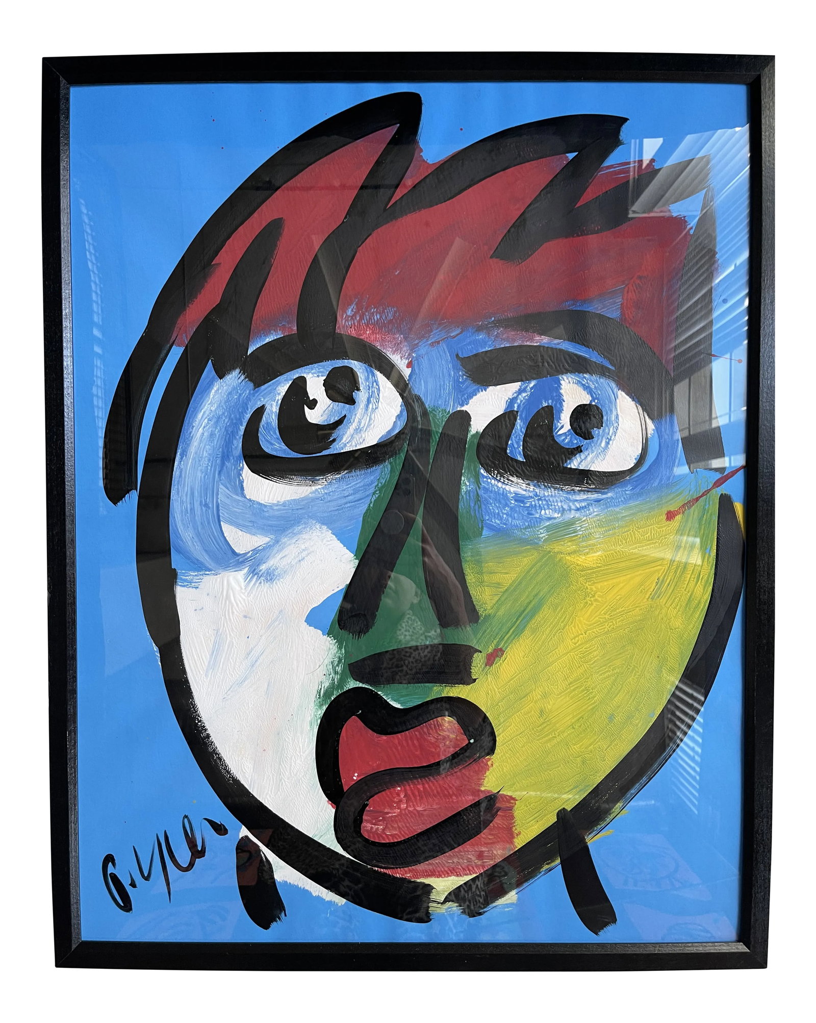 Contemporary Abstract Face Portrait Acrylic Painting by Peter Keil, Framed: Peter Keil is a German artist who focuses primarily on abstract expressionism. Keil painted with some of the greats, including Joan Miro, Pablo Picasso, and Andy Warhol, to name a few. This painting