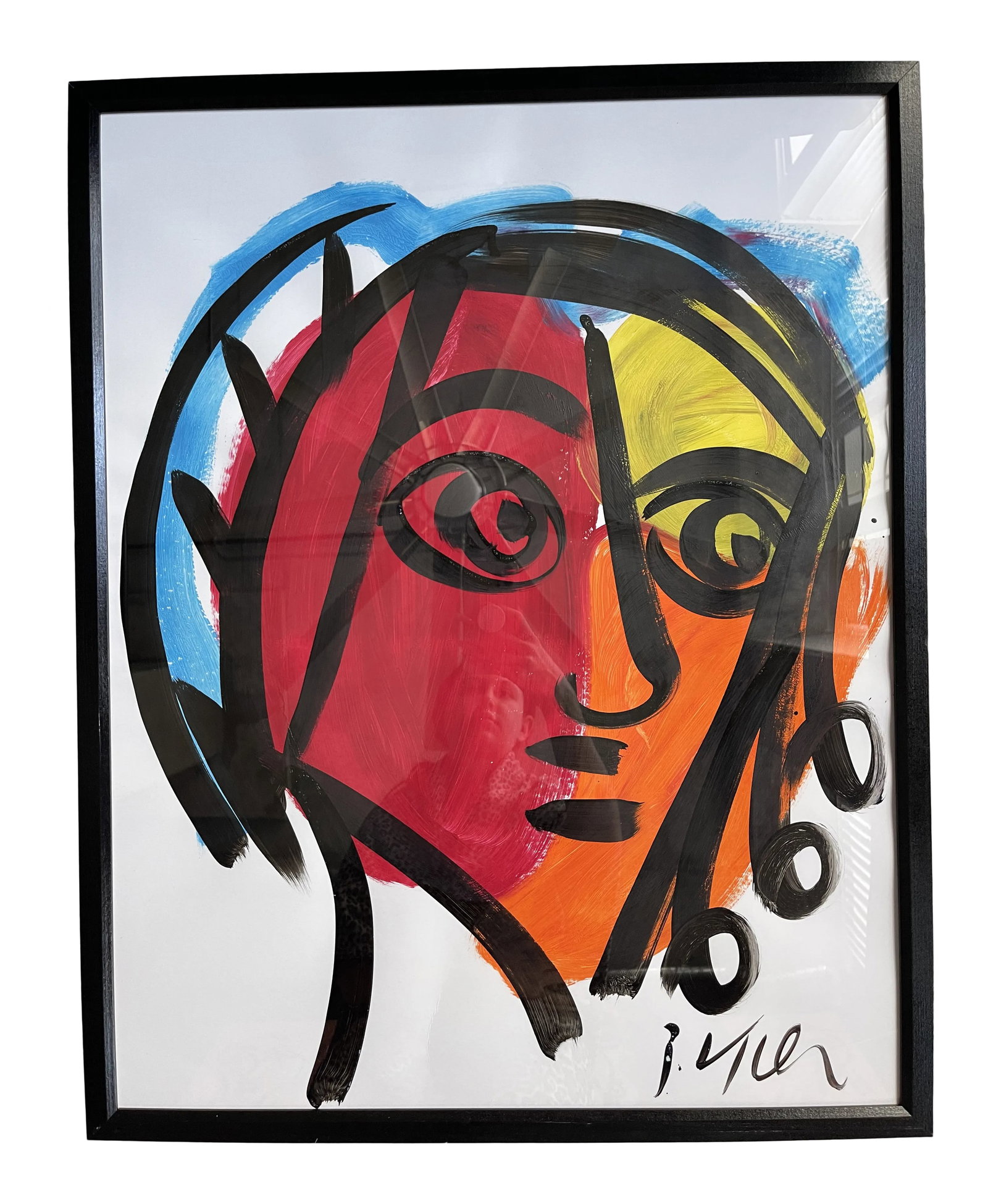 Contemporary Abstract Face Portrait Acrylic Painting by Peter Keil, Framed: Peter Keil is a German artist who focuses primarily on abstract expressionism. Keil painted with some of the greats, including Joan Miro, Pablo Picasso, and Andy Warhol, to name a few. I love the colo
