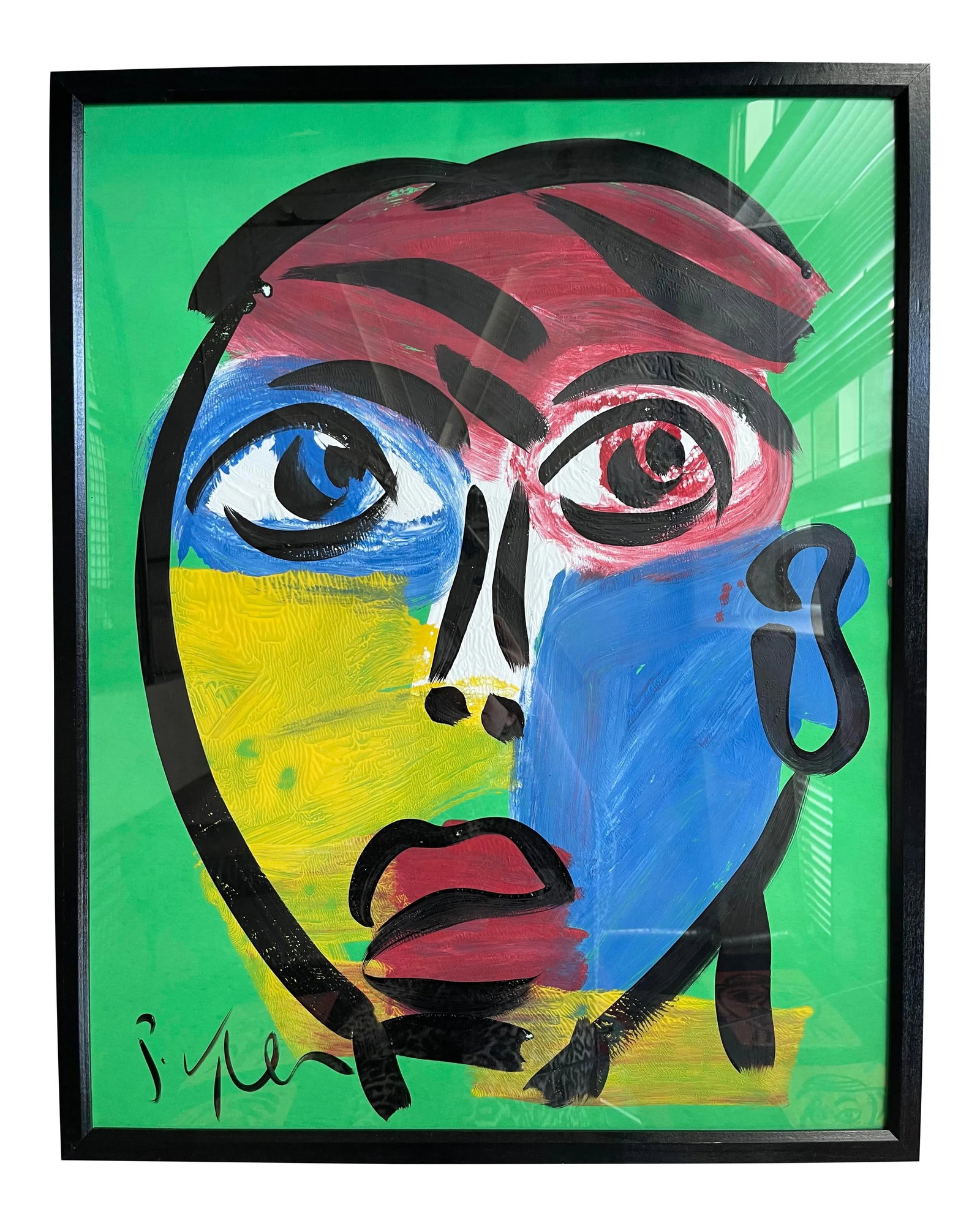 Contemporary Abstract Face Portrait Acrylic Painting by Peter Keil, Framed: Peter Keil is a German artist that focuses primarily on abstract expressionism. Keil painted with some of the greats including Joan Miro, Pablo Picasso and Andy Warhol, to name a few. This is a fun pi